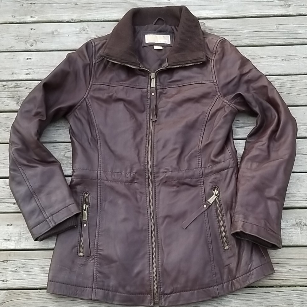 Michael Michael Kors Brown Leather Jacket quilted lining Size XS